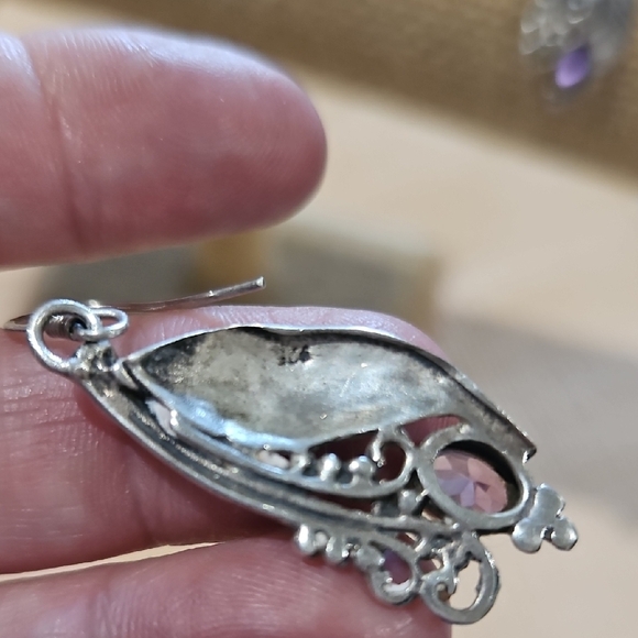 Elegant Sterling Silver and Purple Amethyst Leaf Earrings - Picture 2 of 3